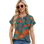Women wearing printed loose fit polyester t shirt in casual urban style