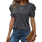 Black short sleeve puff sleeve polyester t shirt for women