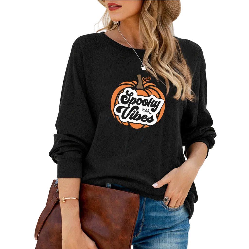 Loose fit long sleeve pumpkin print t shirt for women in casual style