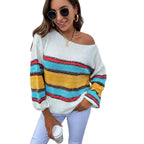 Clean style rainbow stripe off shoulder sweater for women