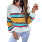Everyday style rainbow stripe off shoulder loose fit sweater for women