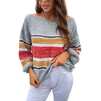 Rainbow stripe off shoulder loose fit lantern sleeve sweater for women
