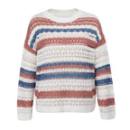 Round neck hollow knit sweater with stripe stitching loose fit for women