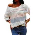 Round neck stripe knit loose fit sweater for women