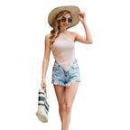 Solid color knitted tank top close up detail for women