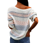 Stripe knit loose sweater with long sleeve and round neck for women