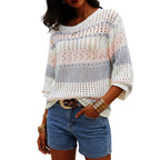 Relaxed loose stripe knit long sleeve sweater for women