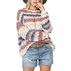 Stripe stitching hollow knit round neck loose fit sweater for women