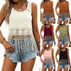 Woman wearing a white fringe top and denim shorts with multiple color options displayed.