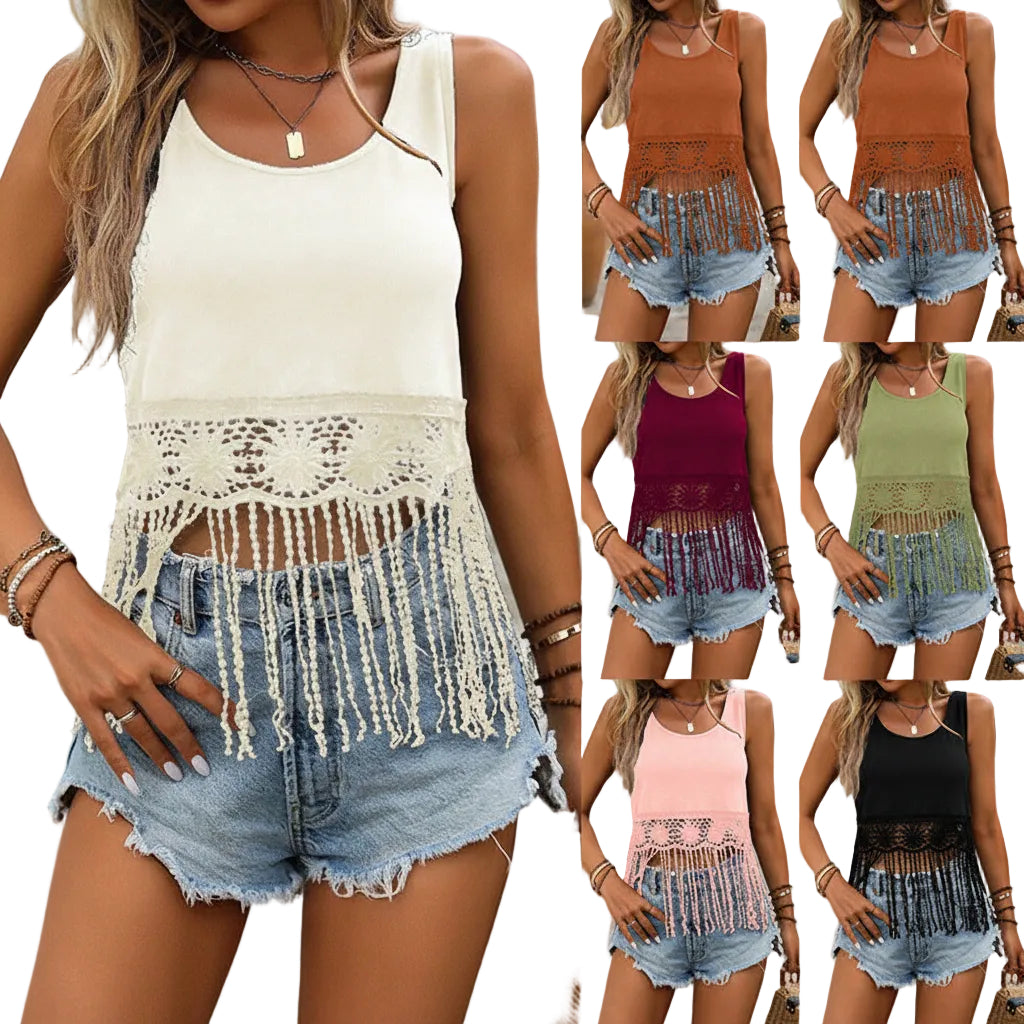 Woman wearing a white fringe top and denim shorts with multiple color options displayed.